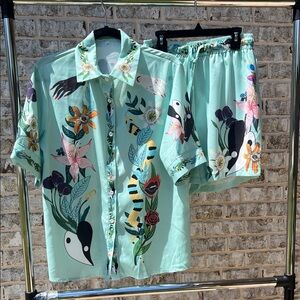 Women’s Mint Green Floral & Wildlife Print Button-Up Set